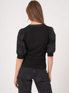 Henley Top with Puffed Sleeves - Black