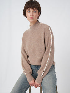 Cashmere Blend Rib Knit Sweater w/Crochet Details - Taupe